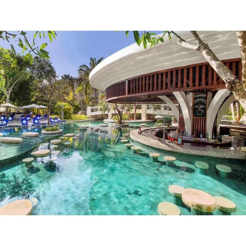 Multi-pool complex: Kids’ slides, a man-made beach and a lagoon.