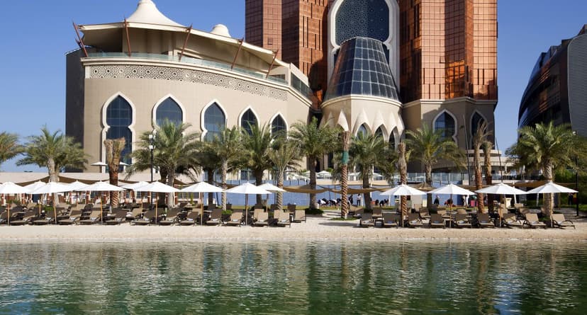 Hero/establishing shot of Bab Al Qasr, Abu Dhabi. A palatial Arabian-Moroccan beach hotel and residences on the Corniche, opposite Emirates Palace, with one of Abu Dhabi’s largest private beaches.