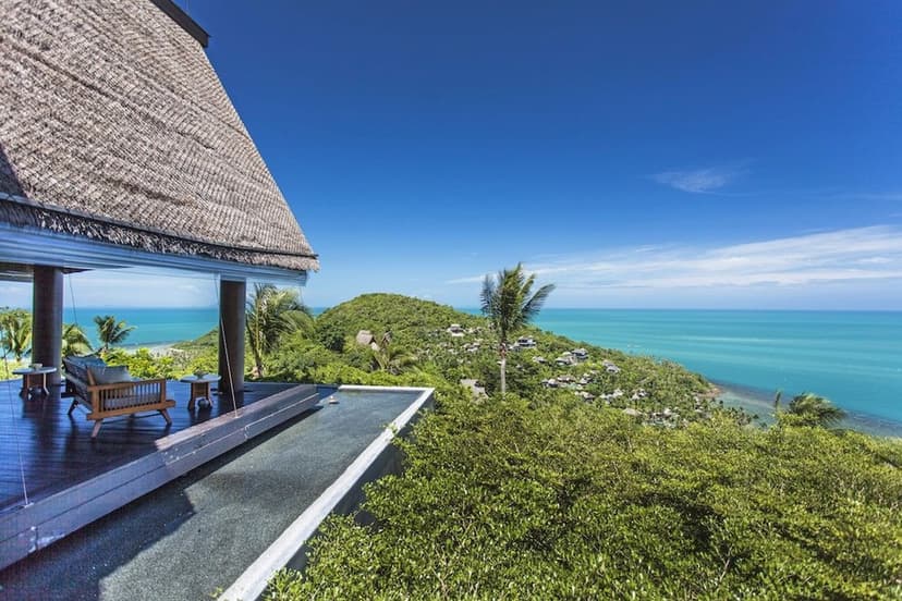 Hero/establishing shot of Four Seasons Resort Koh Samui, Koh Samui, Thailand. An all-villa hillside resort over a private bay on the northwestern tip of Koh Samui, with views to Koh Phangan and the Angthong National Marine Park.