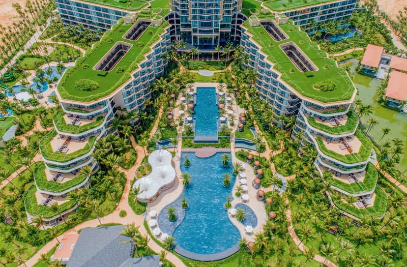 Hero/establishing shot of InterContinental Phu Quoc Long Beach Resort, Phu Quoc, Vietnam. A large family beach resort on a secluded southern stretch of Long Beach, home to INK 360 — the island’s highest sky bar — and the HARNN Heritage Spa 