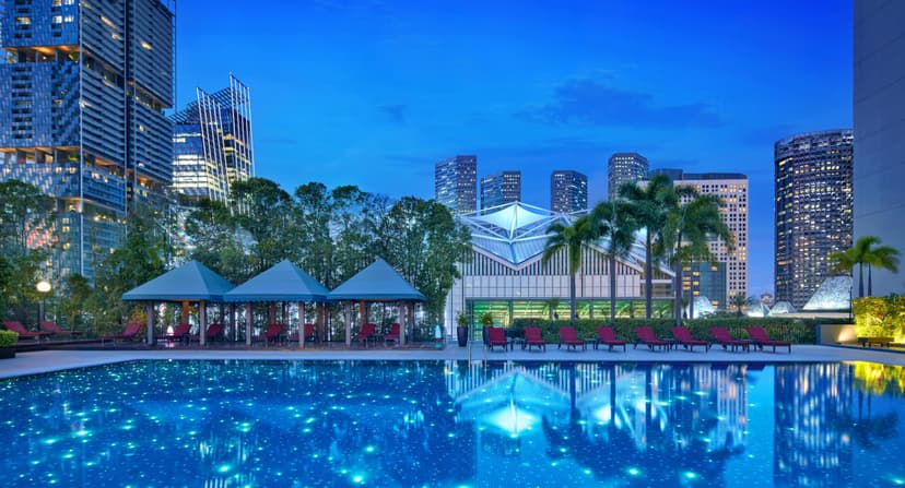 Hero/establishing shot of PARKROYAL COLLECTION Marina Bay, Singapore, Singapore. Singapore’s first Garden-in-a-Hotel — a biophilic Marina Bay hotel built around a soaring atrium with 2,400-plus plants, a four-storey Sky-Bridge treetop walk 