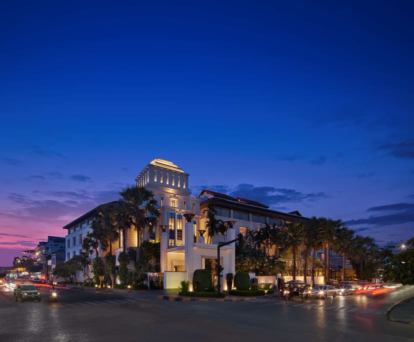 Hero/establishing shot of Park Hyatt Siem Reap, Siem Reap, Cambodia. A Bill Bensley-designed Art-Deco-meets-Khmer icon in downtown Siem Reap (the former Hotel De La Paix), fifteen minutes from Angkor Wat and a walk from Pub Street.