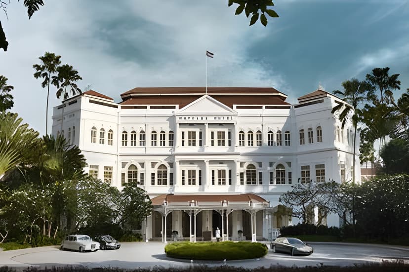 Hero/establishing shot of Raffles Singapore, Singapore. One of the world’s oldest luxury hotels and a National Monument — an all-suite colonial grande dame in the Civic District, opened in 1887, with 24-hour butler service.