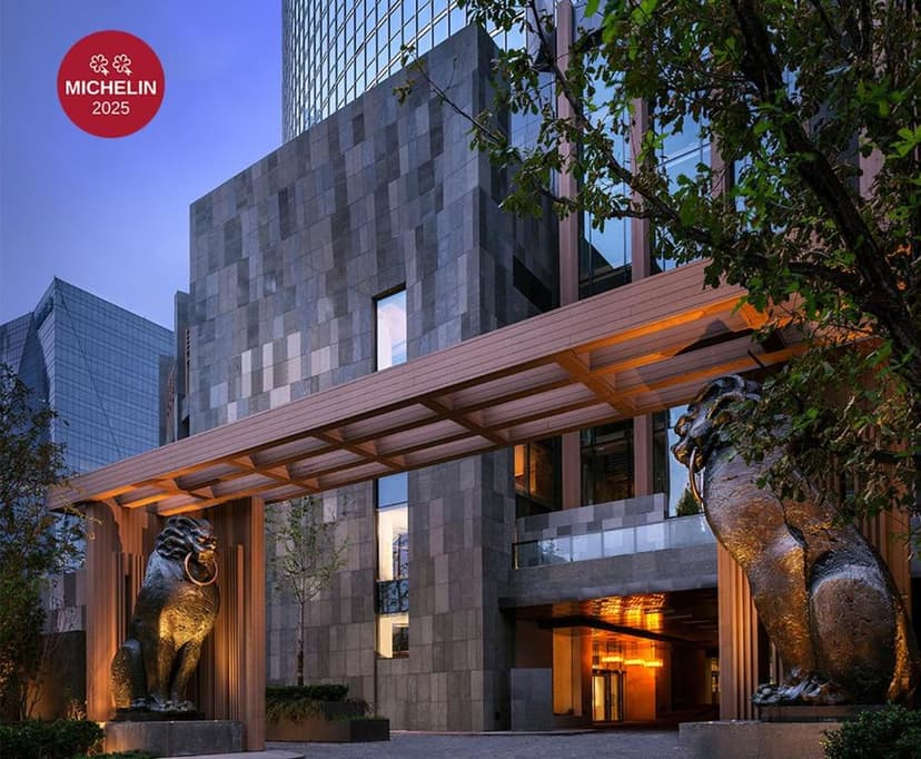 Hero/establishing shot of Rosewood Beijing, Beijing, China. A contemporary ‘urban village’ in Beijing’s Chaoyang CBD opposite the iconic CCTV Tower — Rosewood’s first China hotel, with a Michelin Two-Key rating.