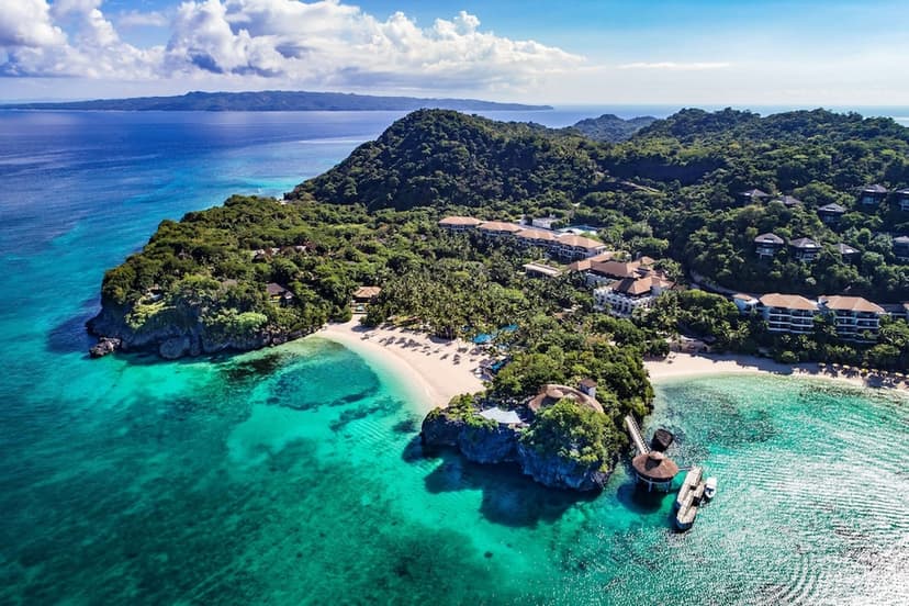 Hero/establishing shot of Shangri-La Boracay Resort & Spa, Boracay, Philippines. Boracay’s first international five-star resort — a secluded hillside estate at the island’s quiet northern tip with two private white-sand beaches (Punta Bunga
