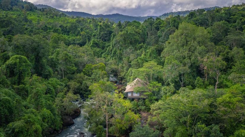 Hero/establishing shot of Shinta Mani Wild (Bensley Collection), Cardamom Mountains, Cambodia. A Bill Bensley all-inclusive conservation tented camp in the Cardamom rainforest, where guests arrive by a 380-metre zipline over waterfalls into
