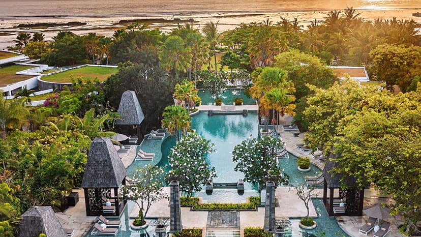 Hero/establishing shot of Sofitel Bali Nusa Dua Beach Resort, Nusa Dua, Bali. A large French-Balinese family beach resort in the calm Nusa Dua enclave, where art-de-vivre meets Balinese soul.