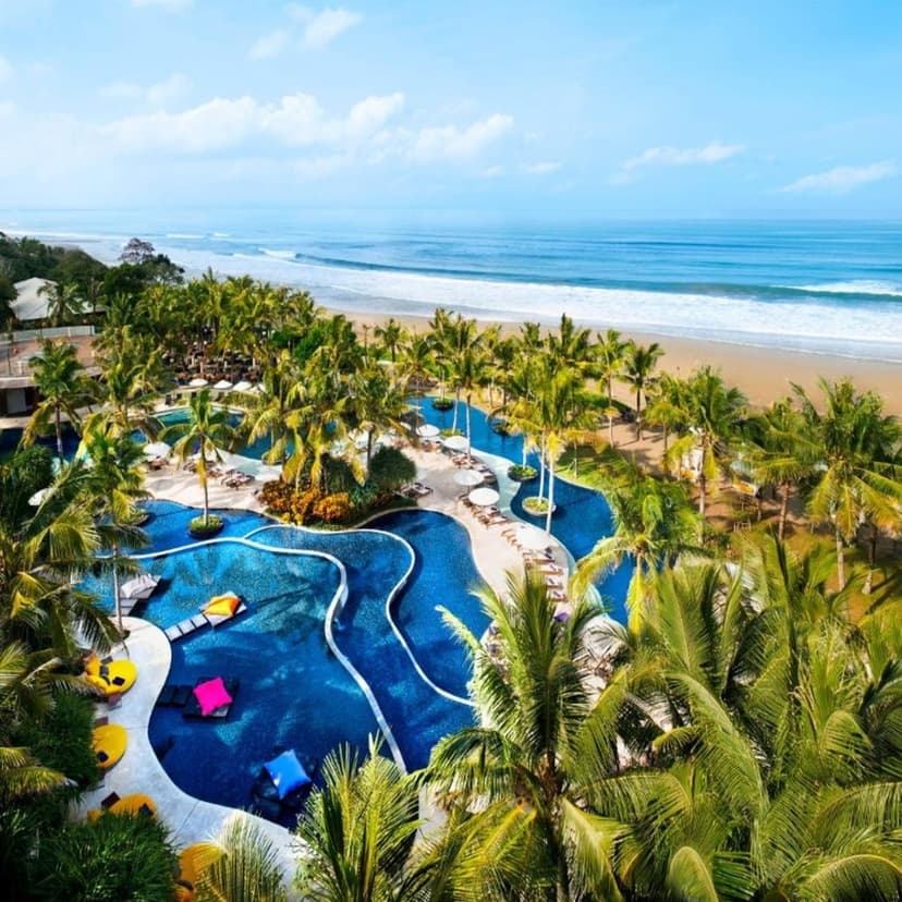 Hero/establishing shot of W Bali – Seminyak, Seminyak, Bali. The first W in Indonesia — a design-led beachfront lifestyle resort at the Batu Belig end of Seminyak, at the centre of the area’s fashion, dining and nightlife.