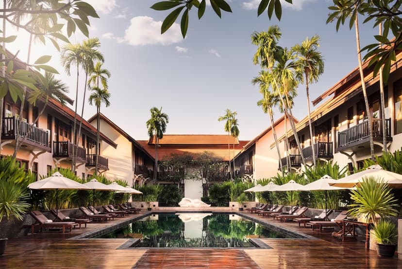 Hero/establishing shot of Anantara Angkor Resort & Spa, Siem Reap, Cambodia. An intimate all-suite Khmer-design resort in Siem Reap — just 39 suites, the most spacious in town, and the closest luxury hotel to Angkor Wat.