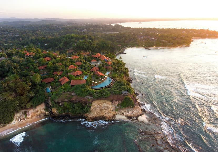 Hero/establishing shot of Cape Weligama, South Coast, Sri Lanka. A Relais & Châteaux clifftop village over the Indian Ocean on Sri Lanka’s south coast, 30 minutes from Galle Fort.