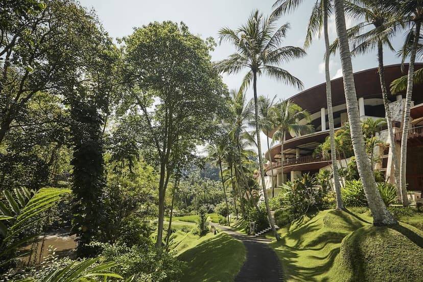 Hero/establishing shot of Four Seasons Resort Bali at Sayan, Ubud, Bali. A modernist jungle icon over the sacred Ayung River at Sayan, Ubud — a rooftop lotus pond and a dramatic suspension-bridge arrival above the rainforest.