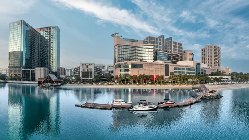 Hero/establishing shot of Beach Rotana Abu Dhabi, Abu Dhabi. A central city beach resort with adjoining serviced apartments, directly linked to Abu Dhabi Mall on a 430-metre private beach in the Tourist Club area.