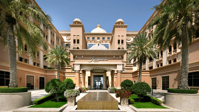 Hero/establishing shot of Marsa Malaz Kempinski, The Pearl, Doha, Qatar. Doha’s headline icon — a palatial private-island resort at The Pearl-Qatar with Arabian-European design and some of the largest rooms in the city.
