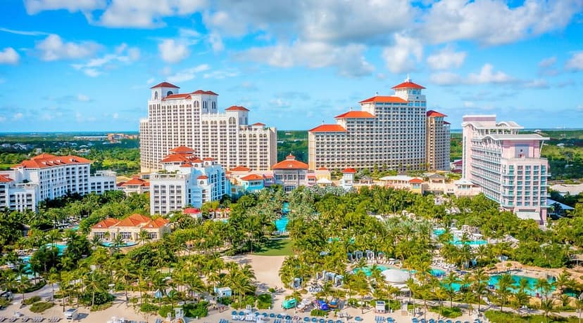 Hero/establishing shot of Grand Hyatt Baha Mar, Nassau, Bahamas. The family flagship of the Baha Mar enclave on Cable Beach, with full access to the Baha Bay water park, the Caribbean's largest casino, Jack Nicklaus golf, the John McEnroe T