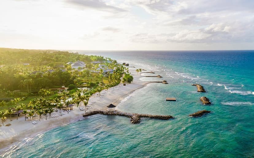Hero/establishing shot of Half Moon, Montego Bay, Jamaica. Jamaica's highest-rated resort by Forbes Travel Guide, a 400-acre Montego Bay estate along two miles of private beachfront — the closest of the island's luxury set to the airport.