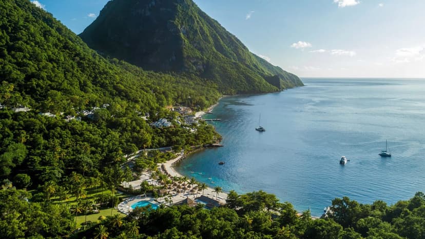 Hero/establishing shot of Ladera Resort, St Lucia. The only resort on the UNESCO World Heritage Site, on a volcanic ridge directly between the two Pitons.