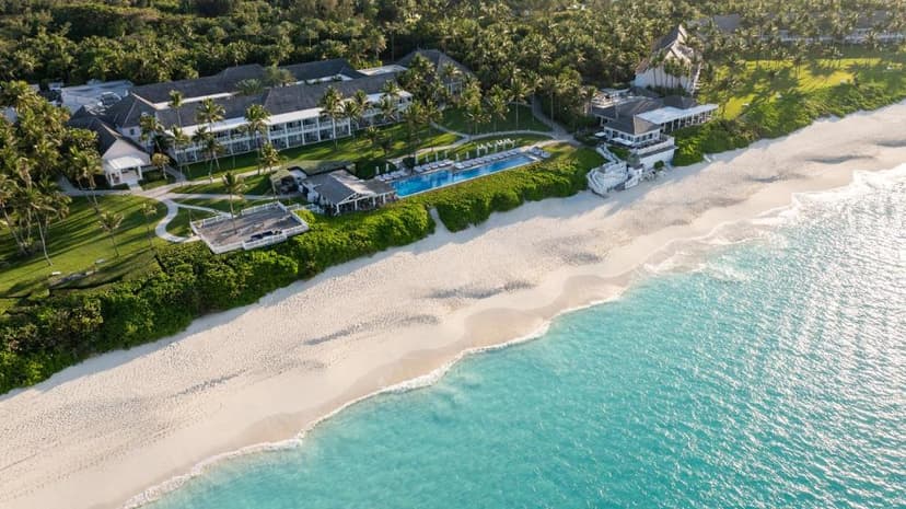 Hero/establishing shot of The Ocean Club, A Four Seasons Resort, Nassau, Bahamas. Four Seasons luxury on Paradise Island, a former private estate amid thirty-five acres of Versailles-inspired gardens.