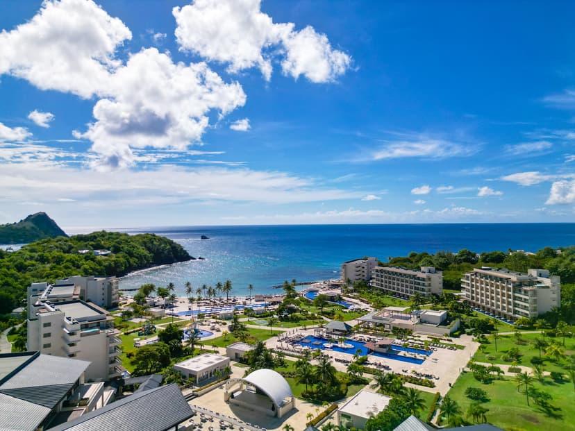 Hero/establishing shot of Royalton Saint Lucia, St Lucia. A big-brand Marriott Autograph Collection all-inclusive on Smuggler's Cove in the convenient north, combining a family side and an adults-only Hideaway in one — nine restaurants and 