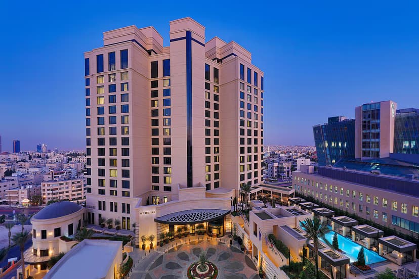 Hero/establishing shot of The St. Regis Amman, Amman, Jordan. Amman’s city icon — a new luxury hotel in the affluent Abdoun district with signature St Regis butler service and a curated Jordanian and Levant art collection.