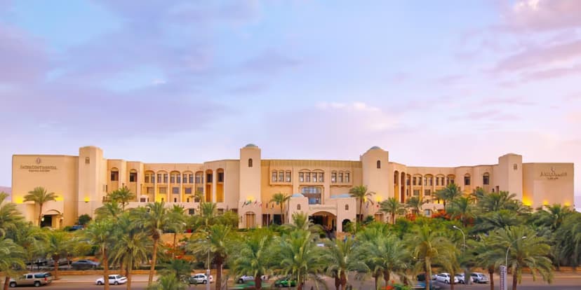Hero/establishing shot of InterContinental Aqaba Resort, Aqaba, Jordan. Jordan’s Red Sea beach and dive base in Aqaba, with the largest private sandy beach in town and coral reefs on the doorstep.