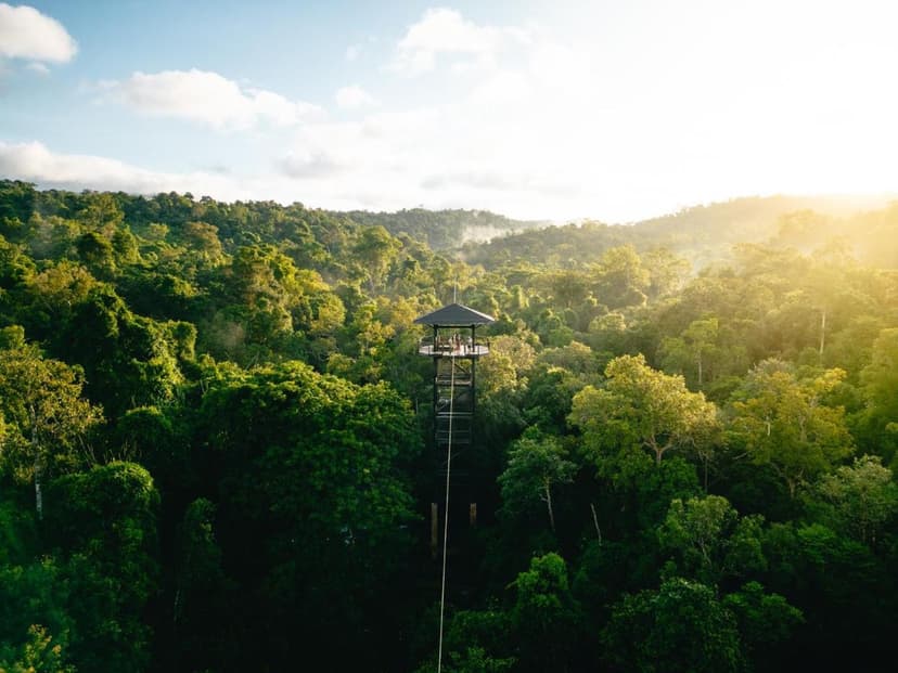 Zipline arrival: 380 metres over the Raging Sisters waterfalls.