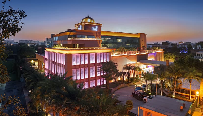 Hero/establishing shot of Taj Hotel & Convention Centre, Agra, Agra, India. A freshly transformed Taj-brand hotel about a kilometre from the Taj Mahal — the big family, MICE and wedding base on the Golden Triangle, reopened in early 2025.