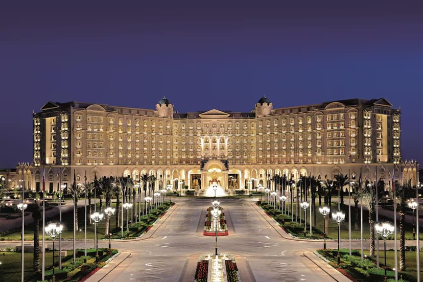Hero/establishing shot of The Ritz-Carlton, Riyadh, Riyadh, Saudi Arabia. A palatial city hotel built as a royal palace, set in 52 acres of landscaped gardens with 600-year-old olive trees, in Riyadh’s business district.