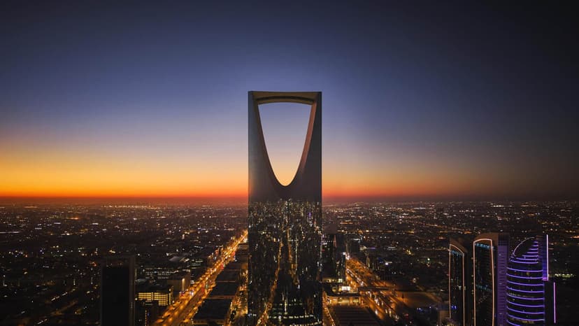 Hero/establishing shot of Four Seasons Hotel Riyadh at Kingdom Centre, Riyadh, Saudi Arabia. A contemporary city tower hotel on eleven floors of the iconic Kingdom Tower, with Sky Bridge views over Riyadh and Daniel Boulud’s Café Boulud.