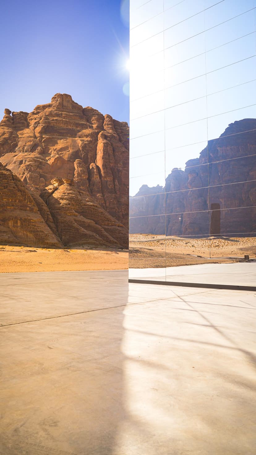 The world's largest mirrored building, reflecting the AlUla desert so completely it almost disappears